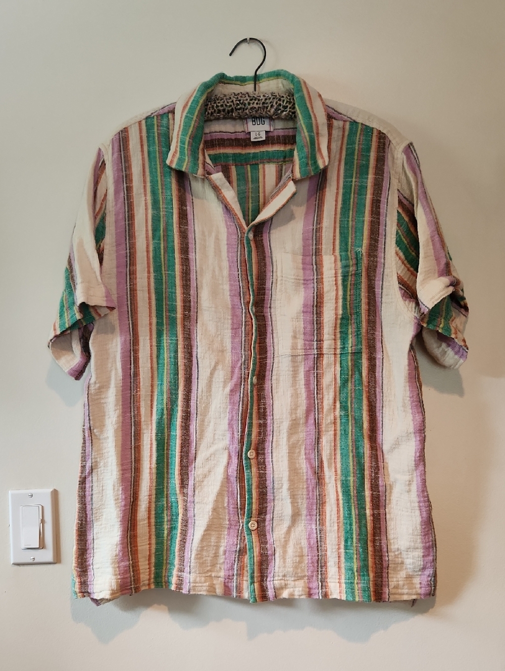 BDG Men's Short-Sleeve Button-Down Shirt in Green, Purple & Cream Stripes